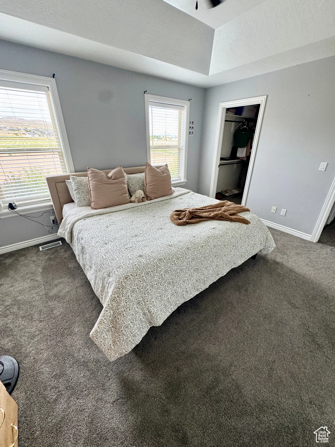 Carpeted bedroom featuring a textured ceiling, a spacious closet, and a raised ceiling