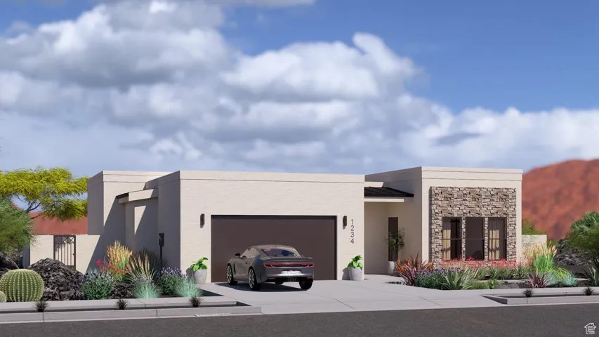 Contemporary home featuring driveway, stone siding, stucco siding, and a garage