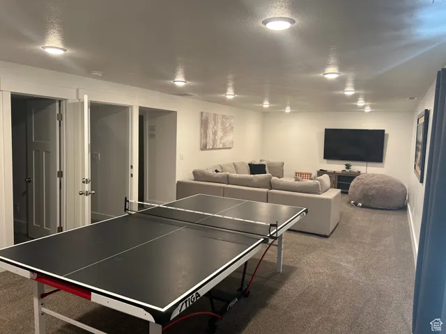 Playroom featuring a textured ceiling and carpet floors