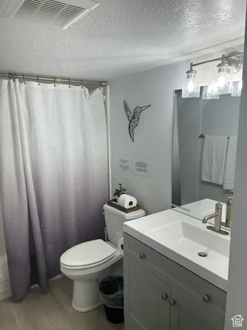 Full bathroom with a textured ceiling, vanity, wood finished floors, and a shower with curtain
