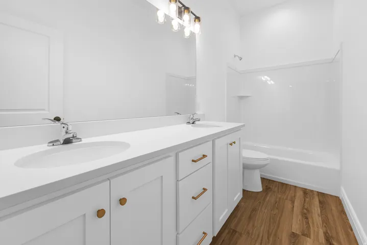 Full bathroom featuring double vanity, dark wood finished floors, and shower / bathtub combination