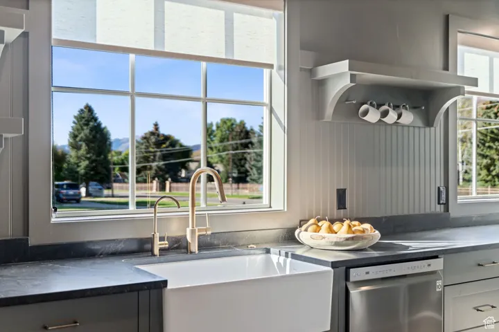 Kitchen featuring dishwasher and dark stone counters