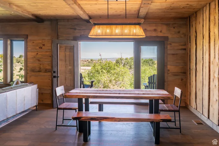 Dining room featuring wooden walls, a wood ceiling with exposed beams, and dark wood-style flooring