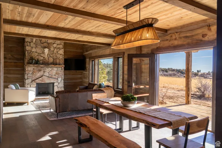 Dining area featuring wood-type flooring, a wooden ceiling with exposed beams, a fireplace, and wooden walls