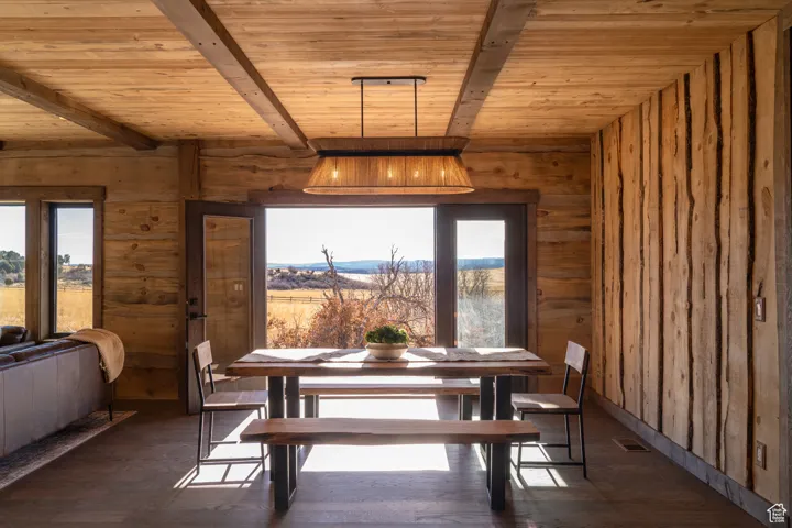 Dining room featuring wooden walls, dark wood-style flooring, and a wooden ceiling with exposed beams