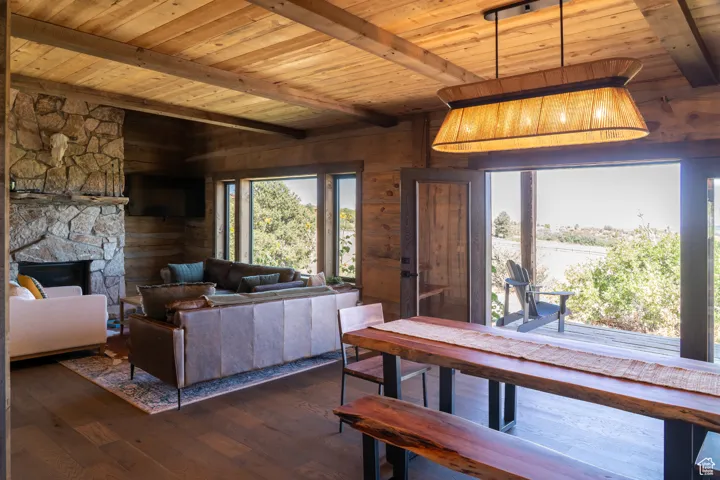 Living room featuring a wood ceiling with exposed beams, wooden walls, a stone fireplace, and dark wood-style floors