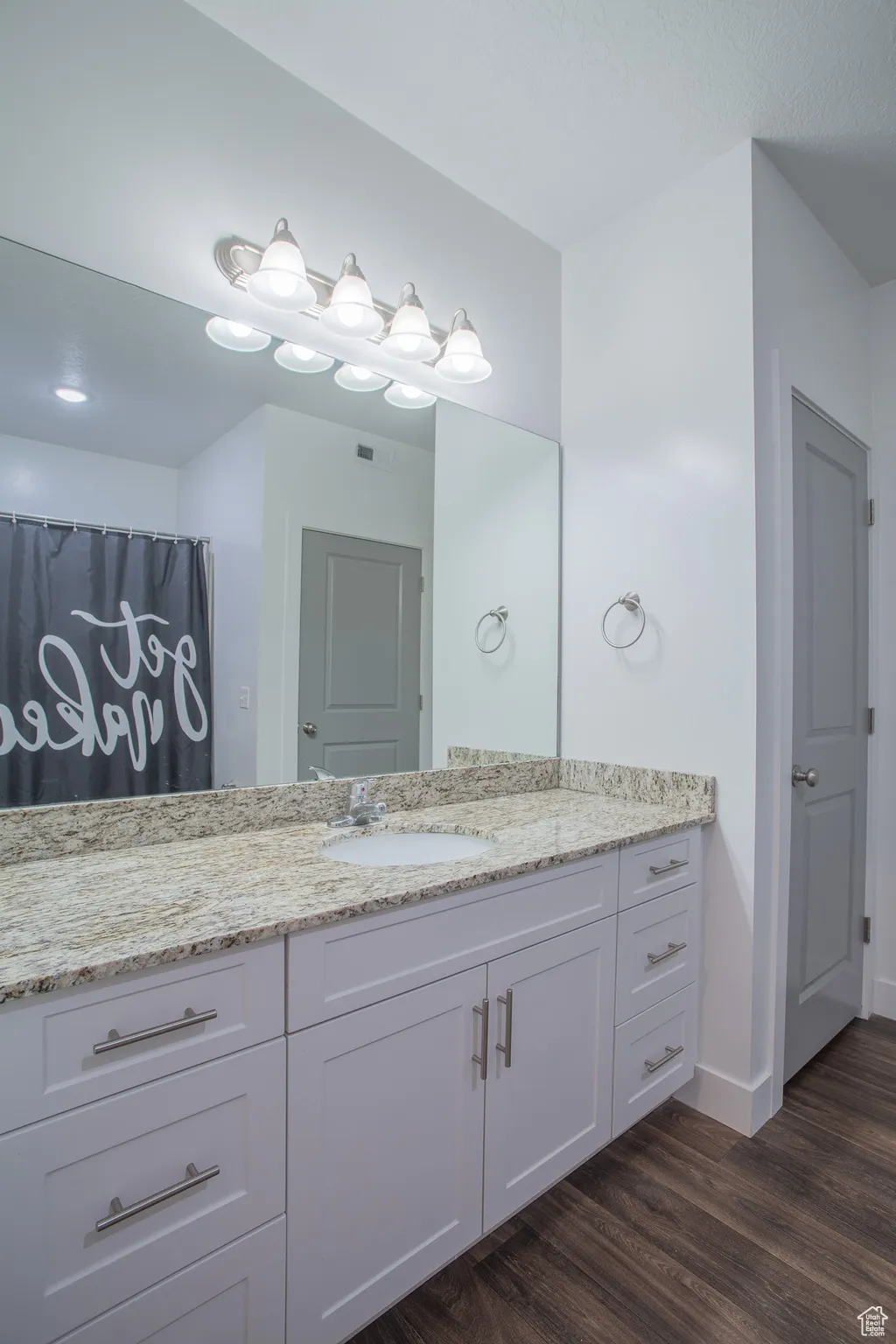 Bathroom with vanity and dark wood-style floors