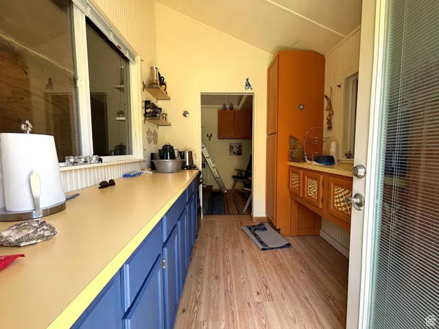 Bathroom with light wood-style floors and vaulted ceiling