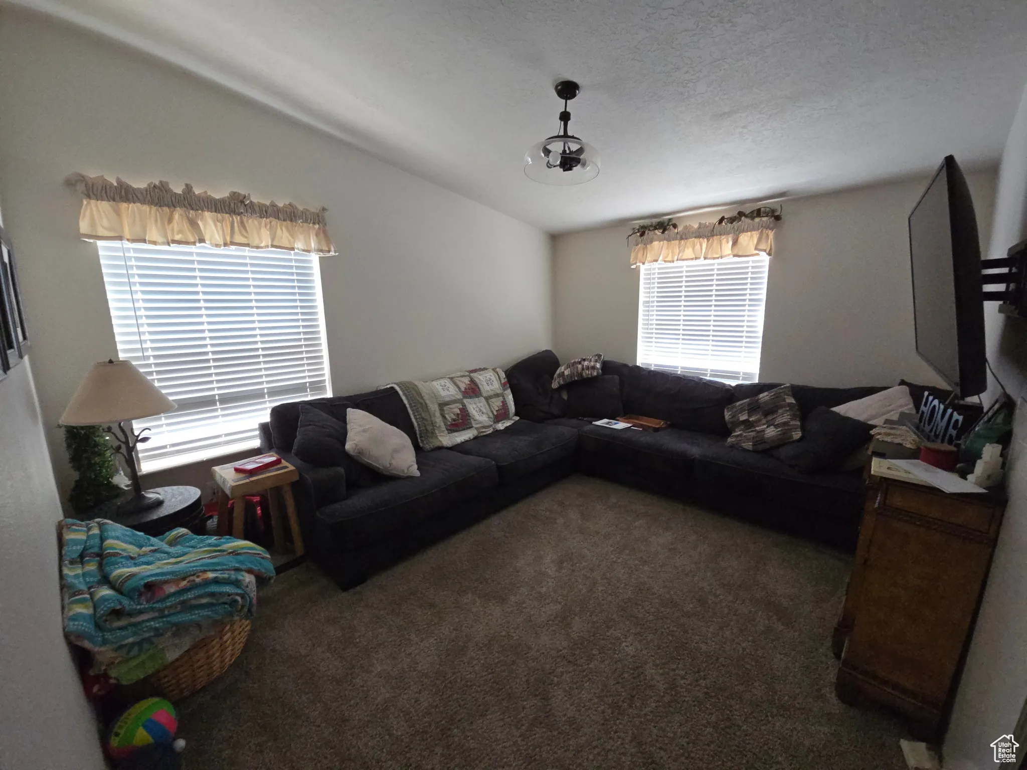 Carpeted living room with vaulted ceiling
