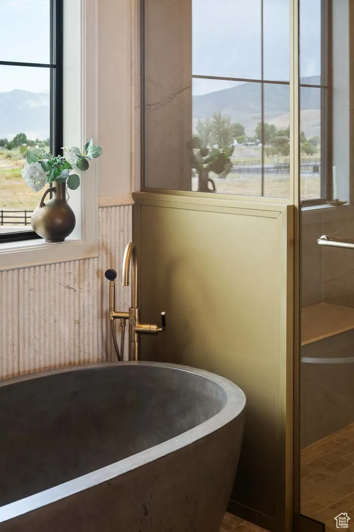 Full bath featuring a mountain view, a freestanding bath, and healthy amount of natural light