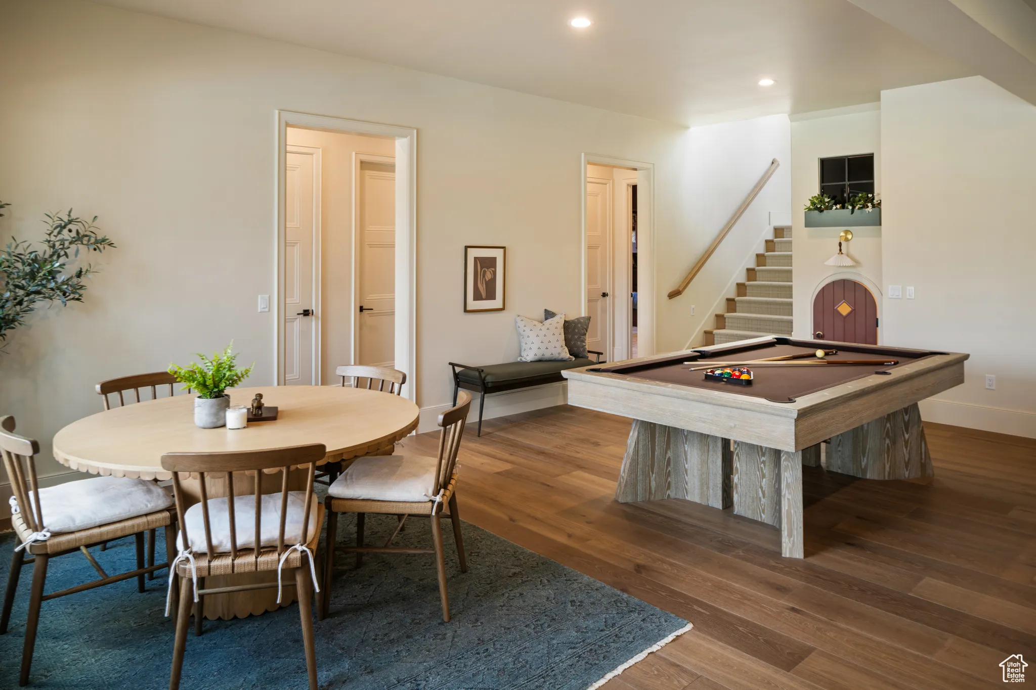 Game room featuring wood finished floors, billiards, and recessed lighting