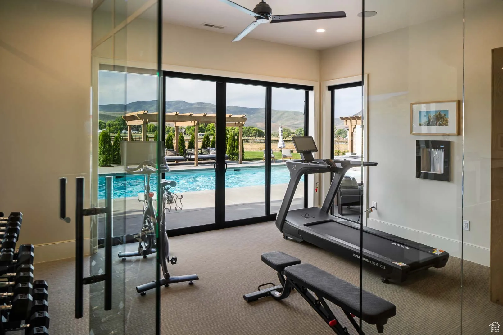 Exercise room with a mountain view, a ceiling fan, carpet, and recessed lighting
