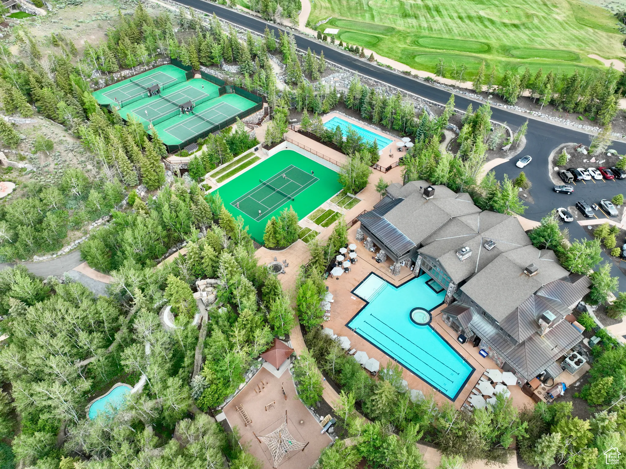 Aerial view of a pool and a local golf course