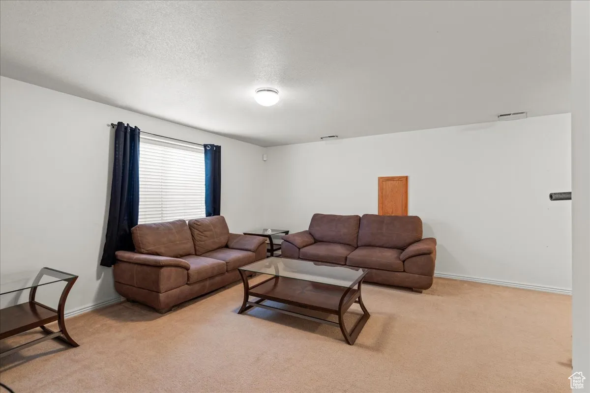 Living room with light carpet and a textured ceiling