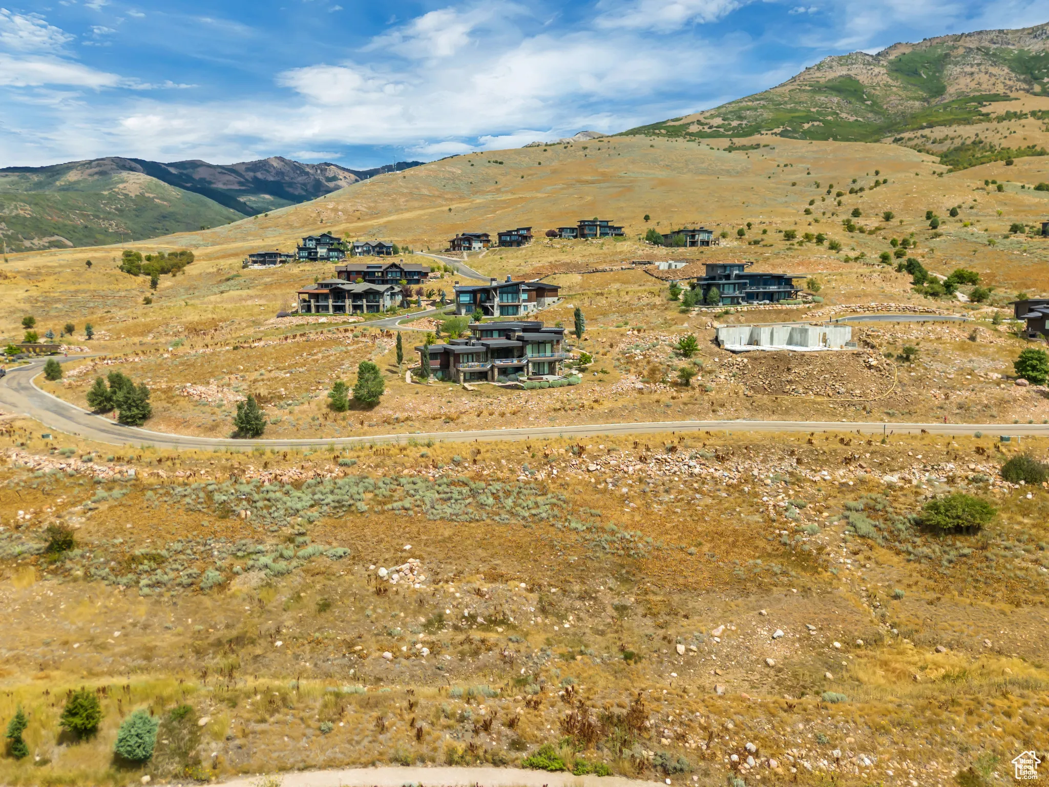 Drone / aerial view of a mountainous background
