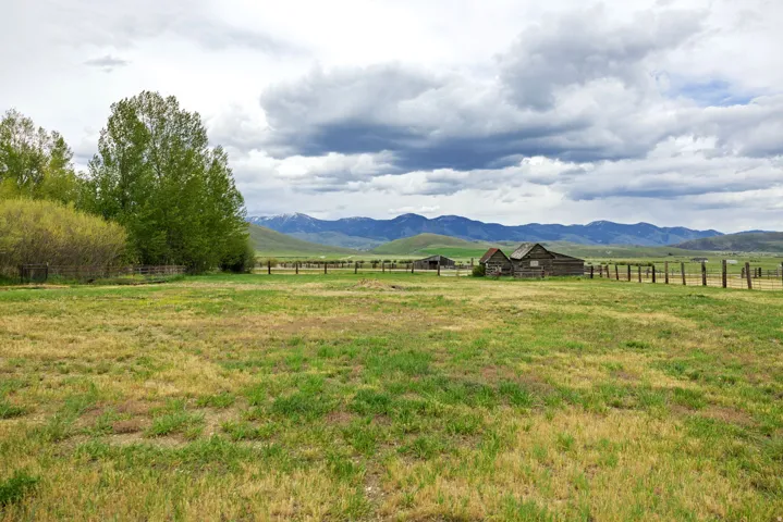 Expansive open field with scattered green grass, featuring a wooden fence line, mature trees, and distant mountain ranges with snow-capped peaks