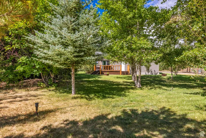 View of grassy yard featuring a wooden deck