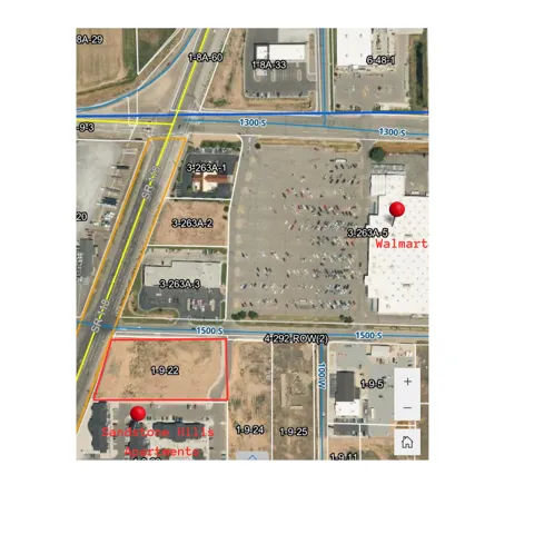 Aerial view of property's location with property parcel outlined