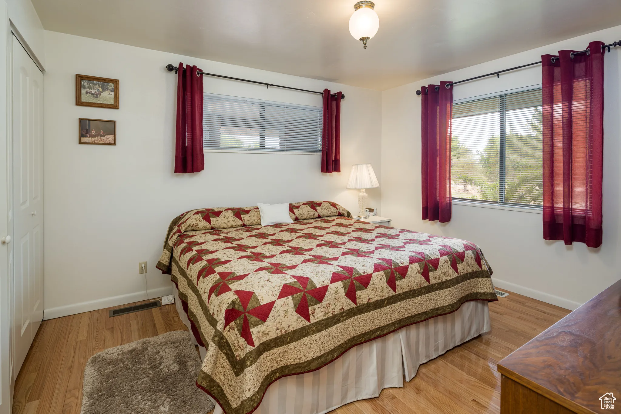 Bedroom featuring multiple windows, a closet, and light wood-style flooring
