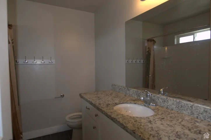 Bathroom featuring vanity, a shower with curtain, and dark tile patterned flooring