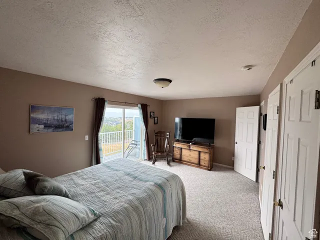 Carpeted bedroom with access to exterior and a textured ceiling