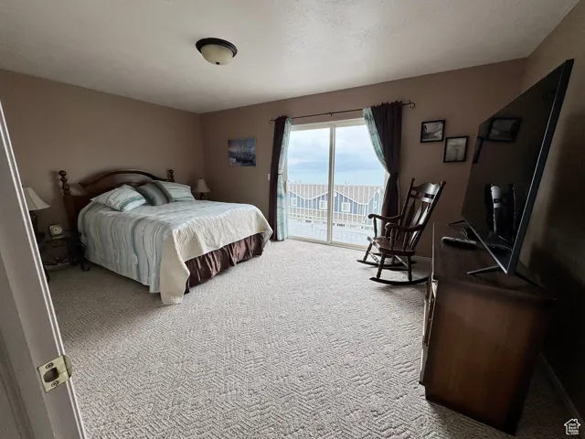 Bedroom featuring light colored carpet, access to outside, and a textured ceiling