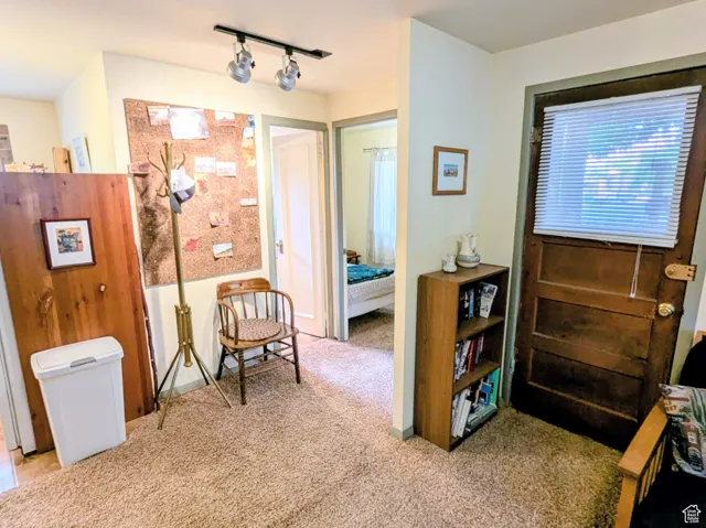 Sitting room with carpet floors and track lighting