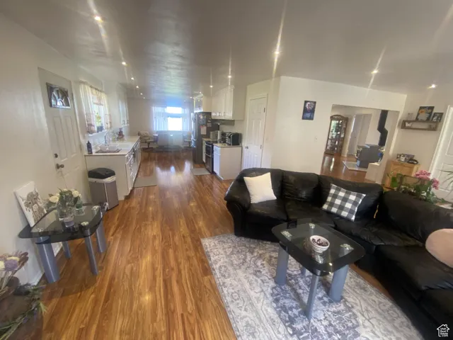 Living room featuring dark wood-type flooring