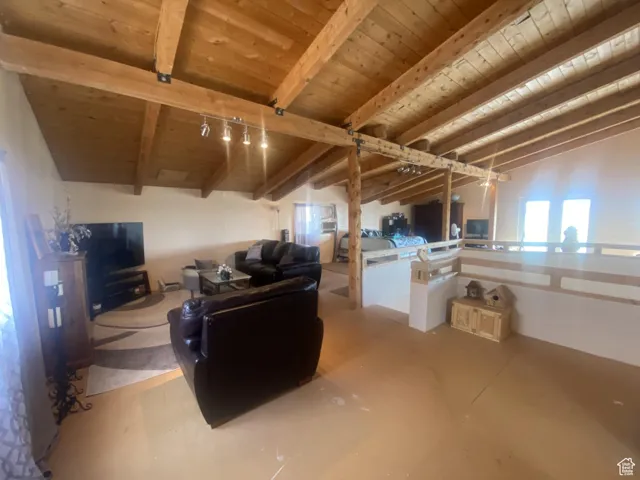 Living room featuring rail lighting, a wood ceiling with exposed beams, and concrete flooring