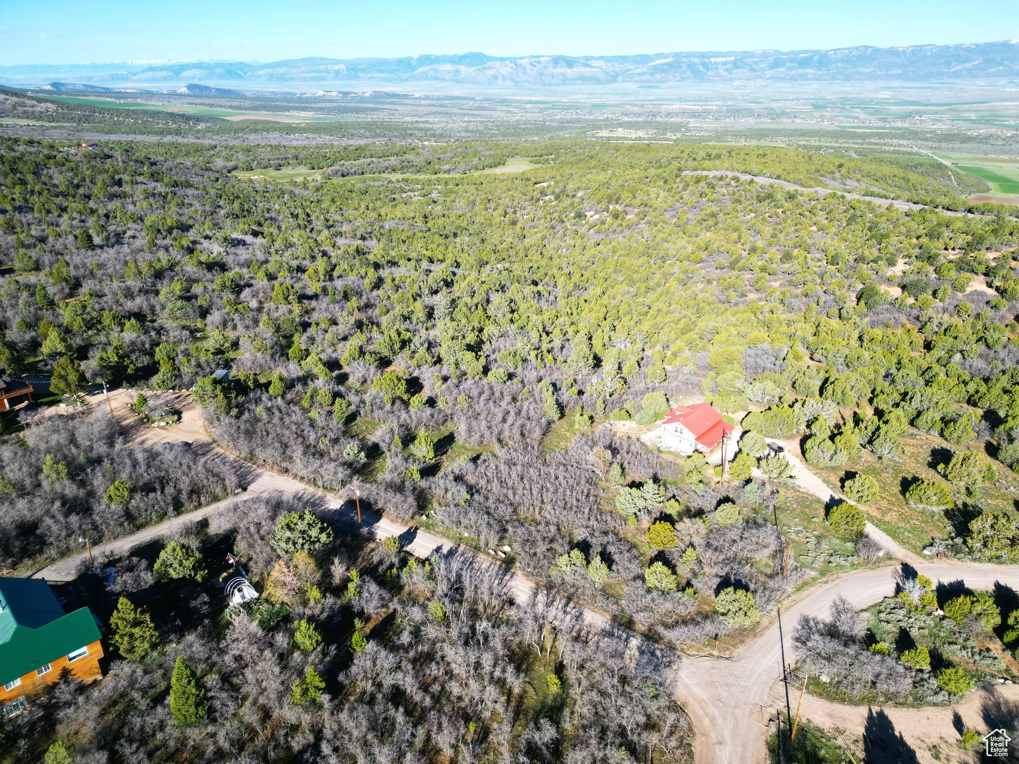 Aerial view of property's location with a heavily wooded area and a mountainous background