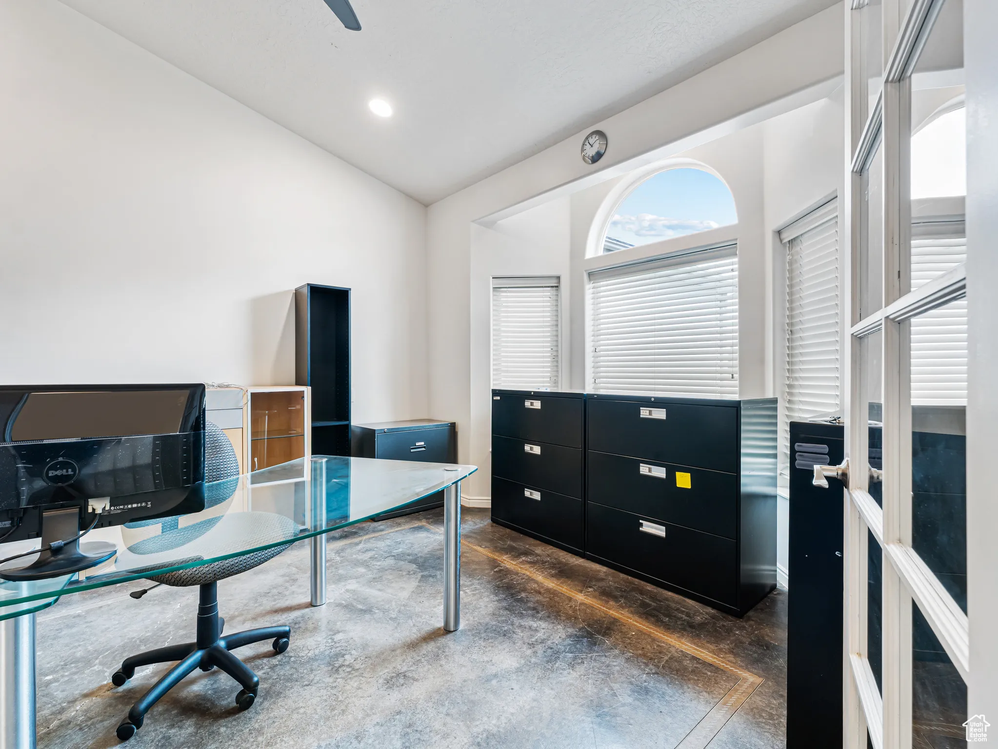 Flex Room/Office space with vaulted ceiling, a ceiling fan, and recessed lighting