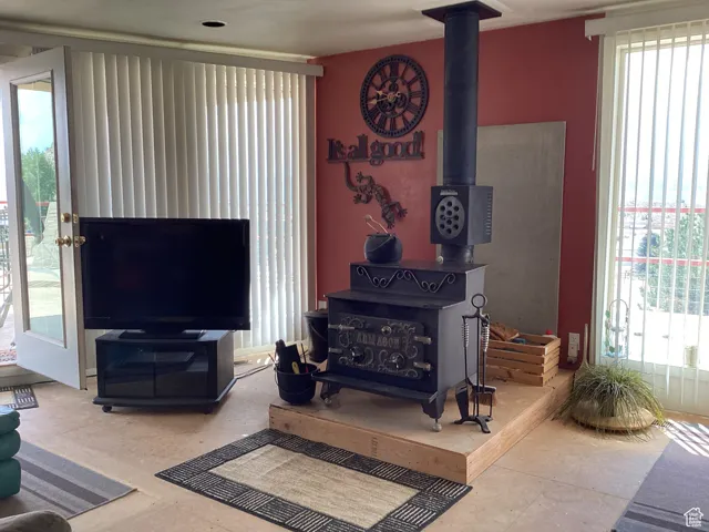 Living room featuring a wood stove