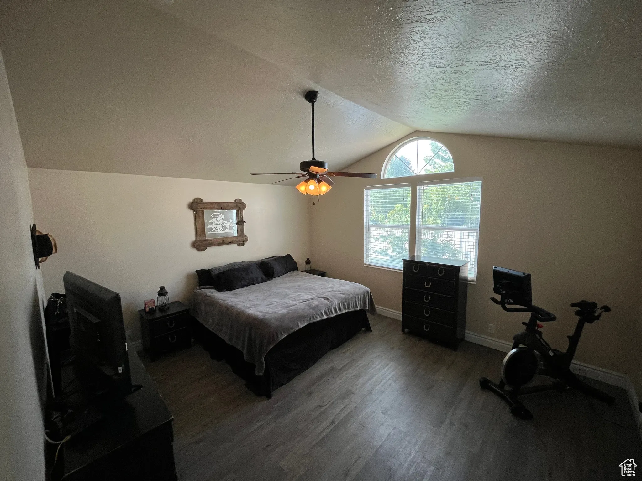 Bedroom featuring dark wood finished floors, lofted ceiling, ceiling fan, and a textured ceiling