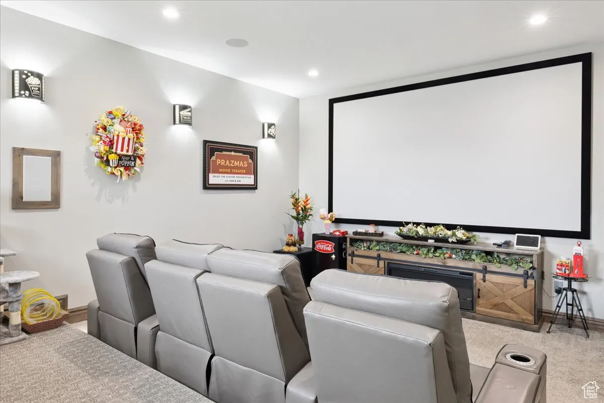 Carpeted home theater featuring baseboards and recessed lighting