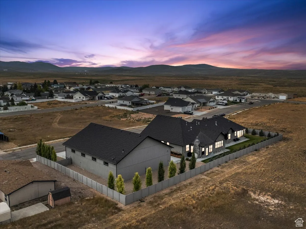 Aerial view at dusk of a residential view