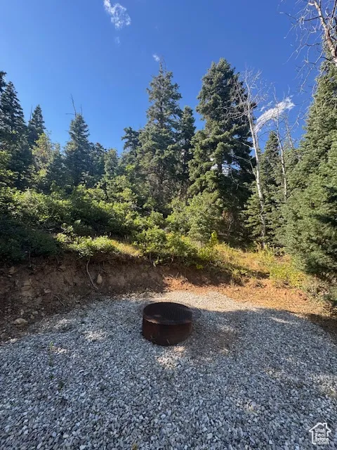 View of yard featuring a view of trees and a fire pit