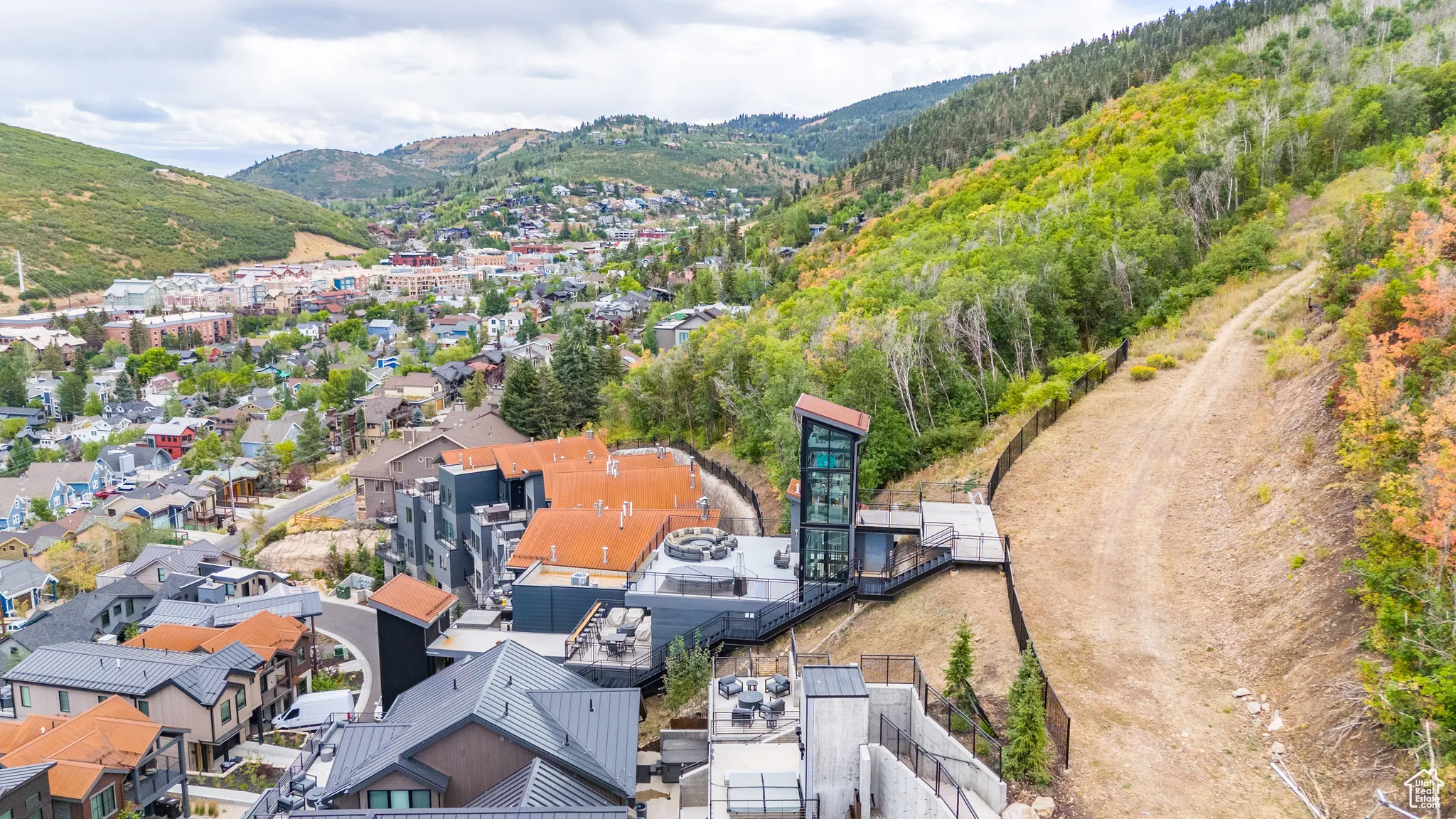 Here is an aerial view of the tower's mountain access with Park City in the background.