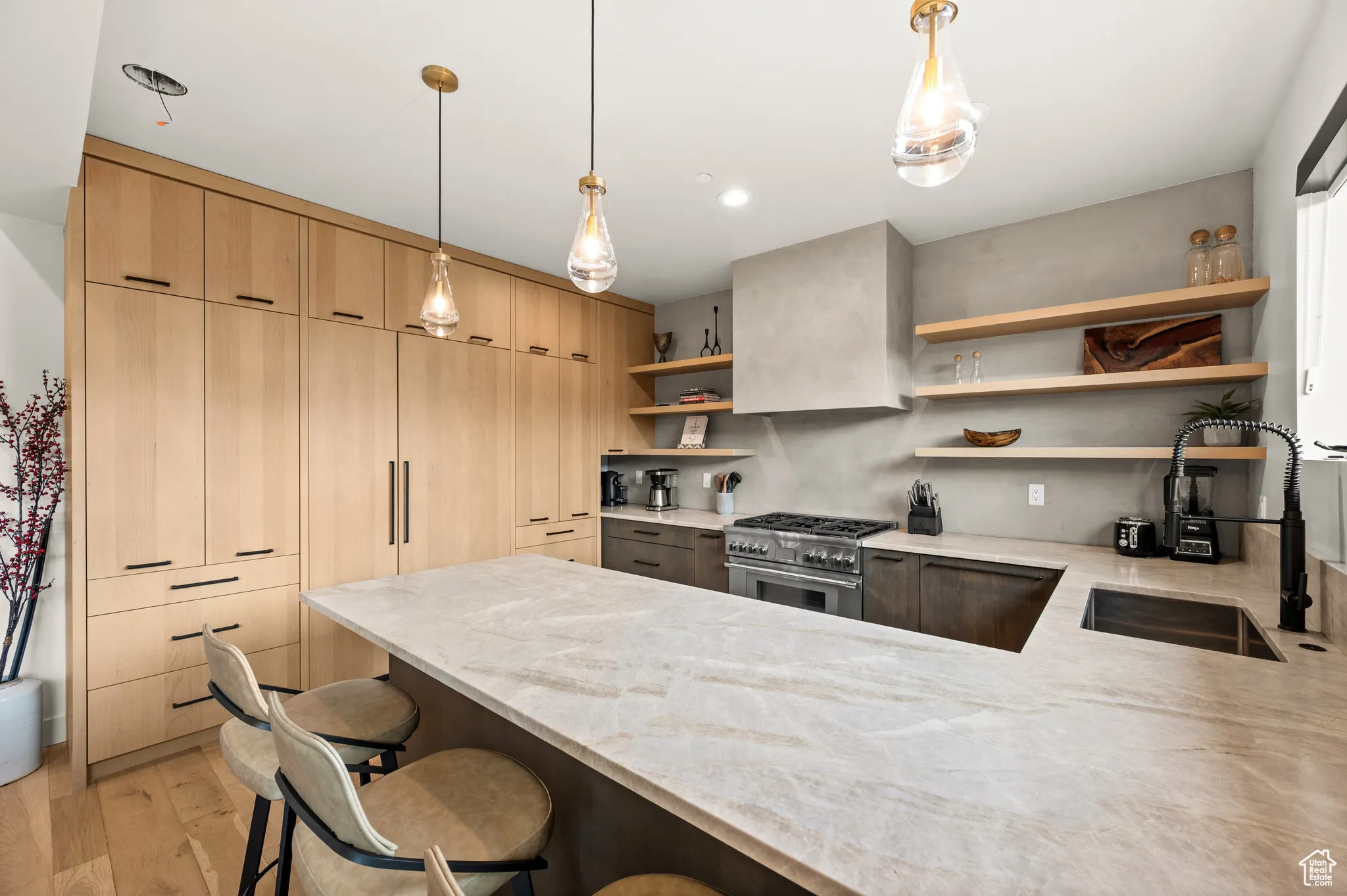 The hidden refrigerator bodes well for the clean lines of this stunning kitchen.