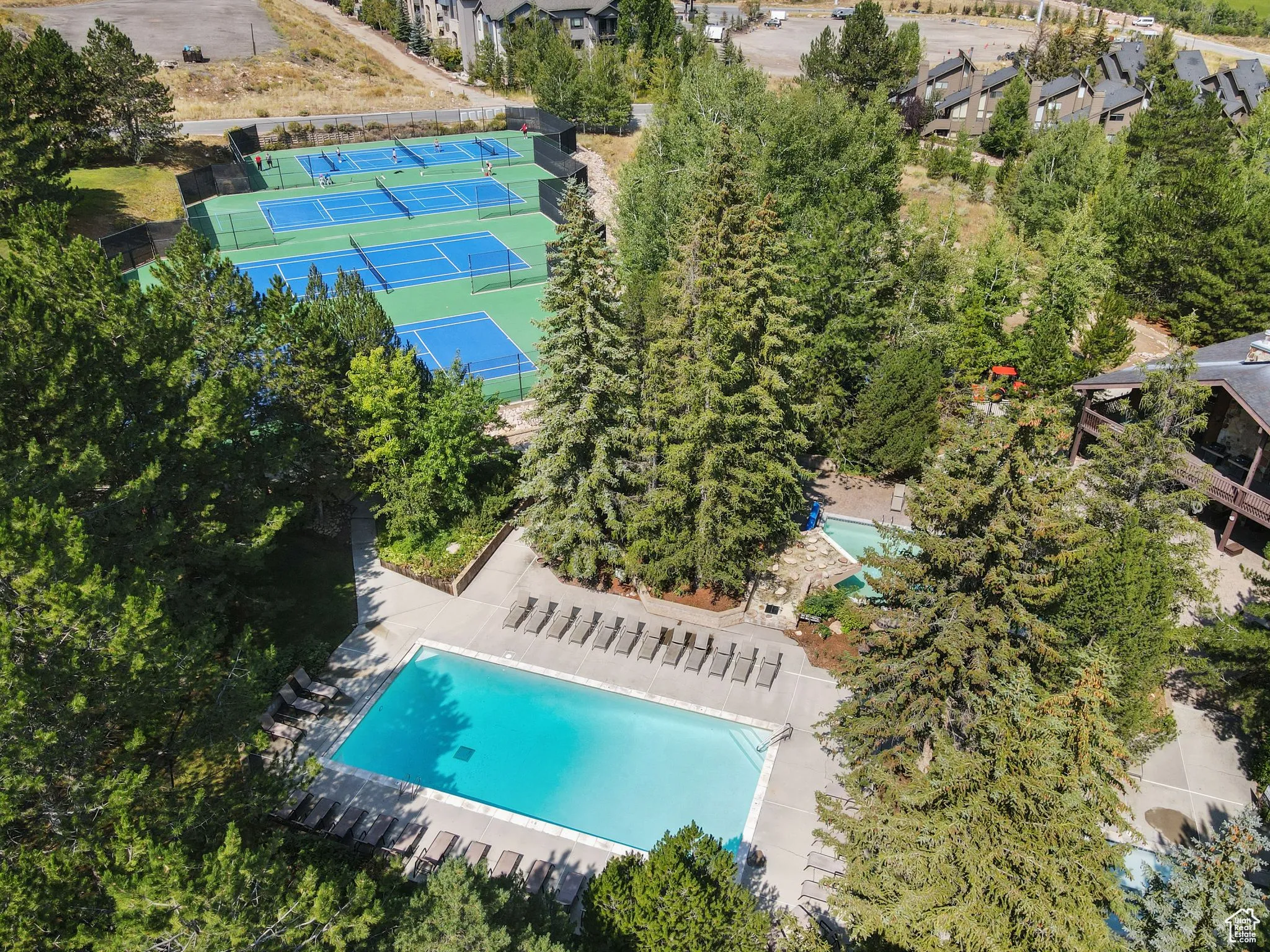 Drone / aerial view of a pool
