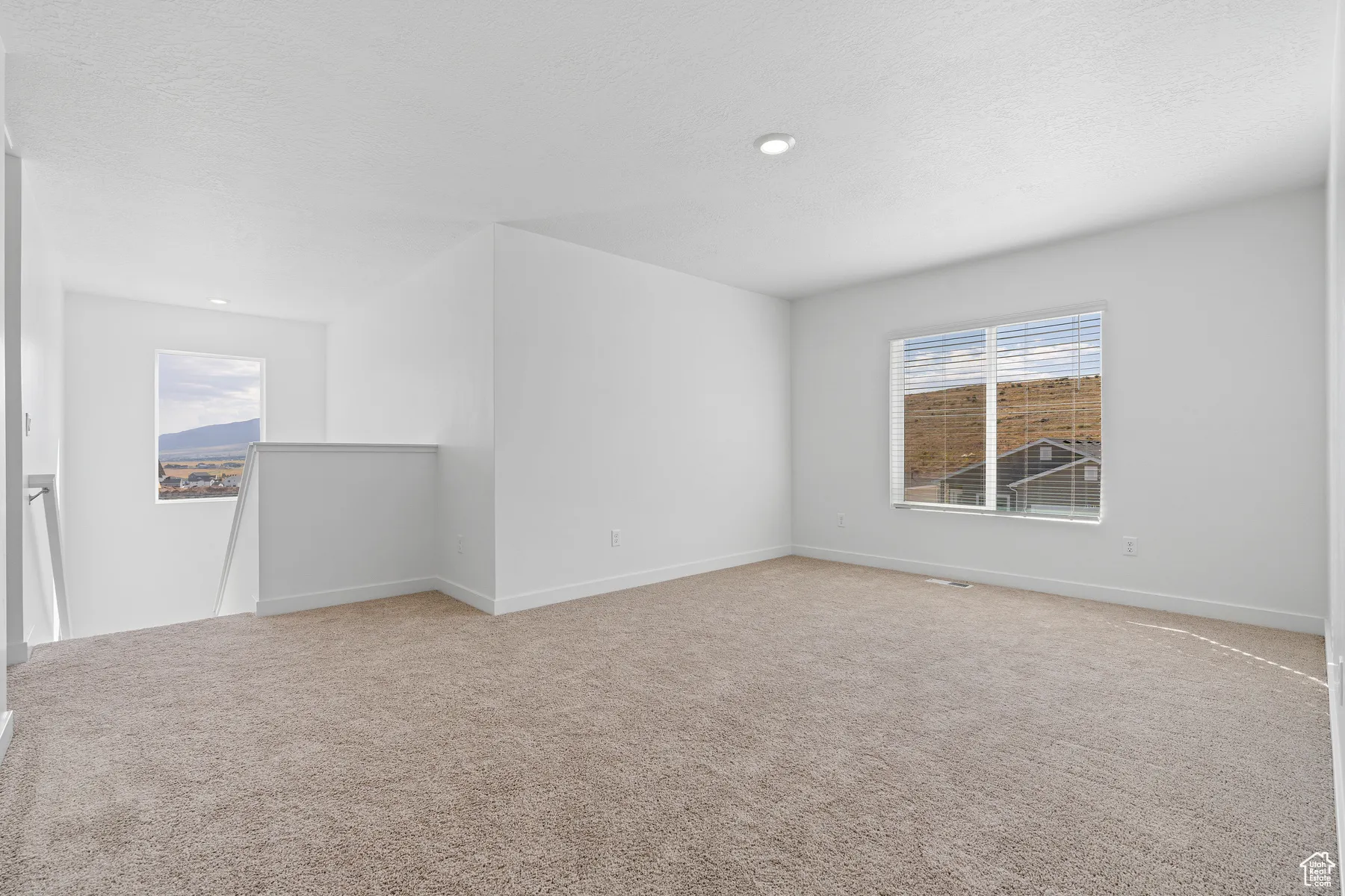 Empty room featuring light colored carpet, healthy amount of natural light, and a textured ceiling