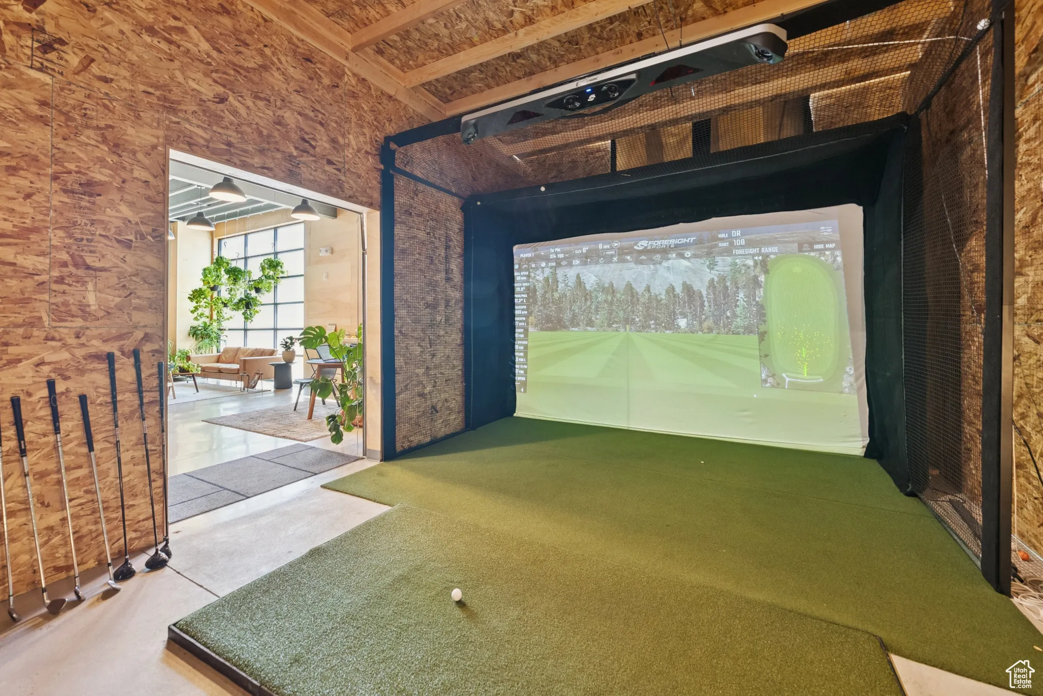 Recreation room with golf simulator
