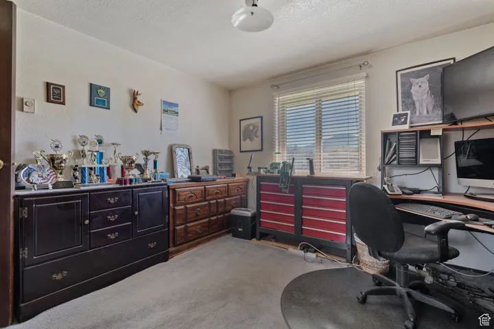 Home office with a textured ceiling and light carpet