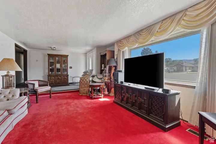 Carpeted living room featuring a textured ceiling