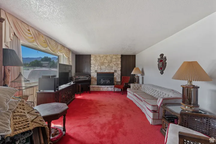 Living area with a textured ceiling, a stone fireplace, and carpet