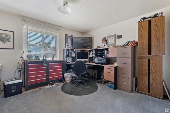Home office with a textured ceiling, light carpet, and a textured wall