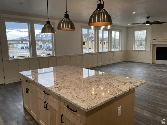 Kitchen featuring dark wood finished floors, light brown cabinetry, decorative light fixtures, a decorative wall, and crown molding