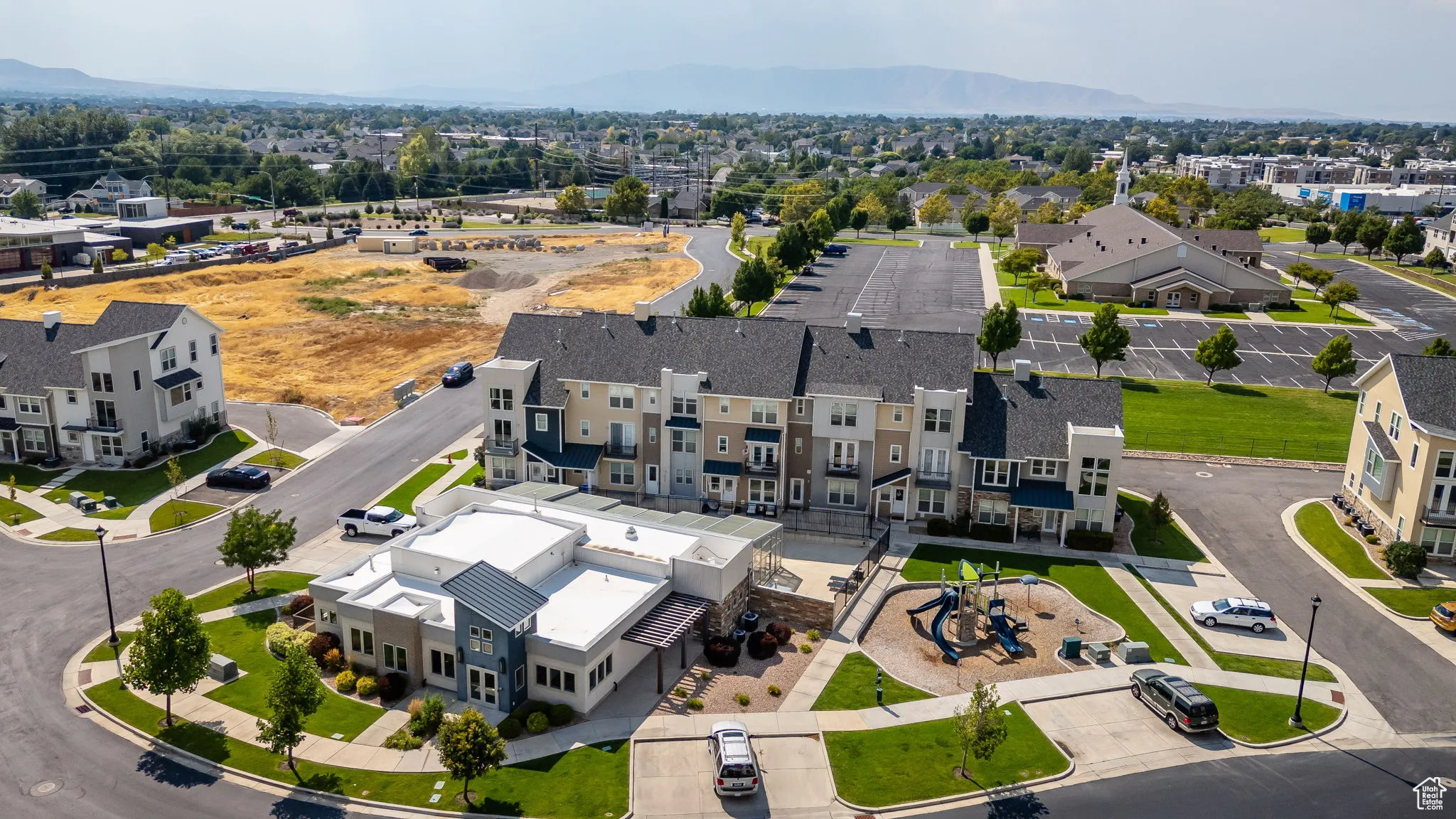 Aerial perspective of suburban area featuring mountains