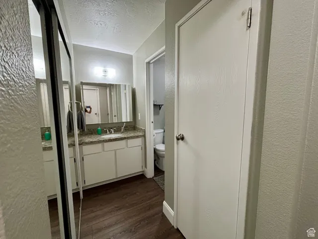 Bathroom with a textured wall, dark wood-style floors, vanity, and a textured ceiling