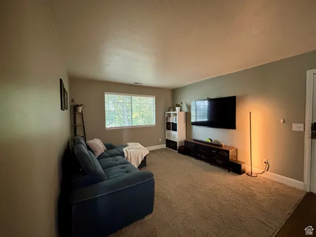 Carpeted living room featuring baseboards
