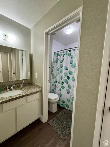 Full bath with a textured wall, a textured ceiling, vanity, and dark wood-style floors
